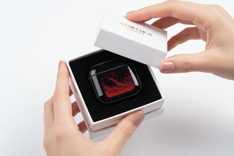 Manos abriendo caja con funda AirPods negra con arena roja
